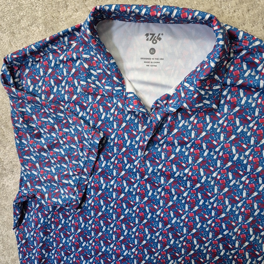 1764 Polo Shirt Mens XL Geometric Stretch Performance Golf Party July 4th USA